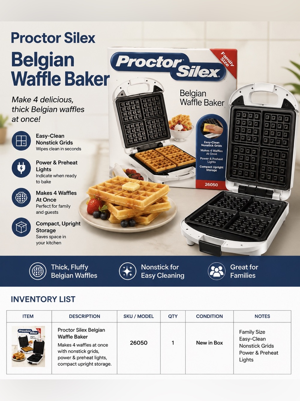 Proctor Silex Belgian Waffle Baker - 4-Waffle Nonstick Iron